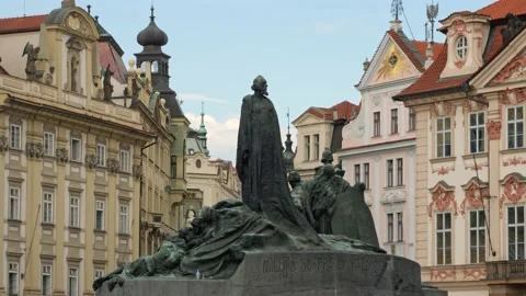 Prague, Czech Republic - August 30, 2021: Jan Hus Memorial on Old Town Square Stock Footage 163377451
