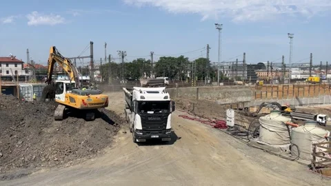 Prague, Czech Republic, August 6, 2026 selective focus on bulldozer and exc.. Stock Footage 344802475
