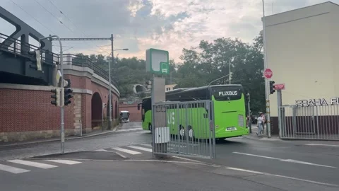 Prague, Czech Republic  August 6, 2026 selective focus modern coaches depar.. Stock Footage 344802520