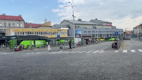 Prague, Czech Republic  August 6, 2026 selective focus long distance buses .. Stock Footage 344802537