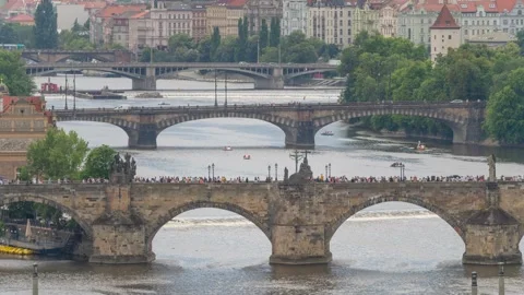 Prague, Czech Republic bridges time lapse. The Vltava river and many bridges. Stock Footage 286277876