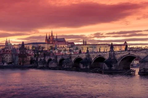 Prague, Czech Republic: Castle, Charles - Karluv Bridge, Vltava River Stock Photos