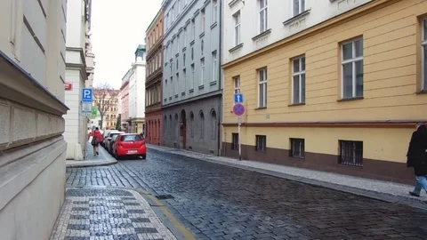 Prague, Czech Republic - December, 2017: Typical street of a modern European Stock Footage 83346982