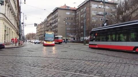 Prague, Czech Republic - December, 2017: cityscape of a typical European street Stock Footage 83379958
