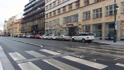 Prague, Czech Republic - December, 2017: cityscape of a typical European street Stock Footage 83412979