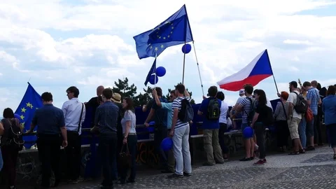 PRAGUE, CZECH REPUBLIC - JULY 2, 2017: People with Czech Flag and Union Flag. Stock Footage