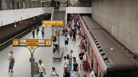 Prague, Czech Republic, July 22, 2026. Prague metro train arrives 4K video Stockbeeldmateriaal 340264466