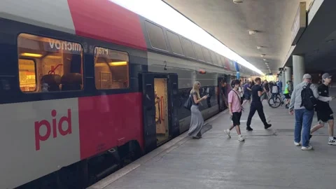 Prague, Czech Republic - July 22, 2026: Cinematic 4K video of a passenger train Stock Footage 340264521