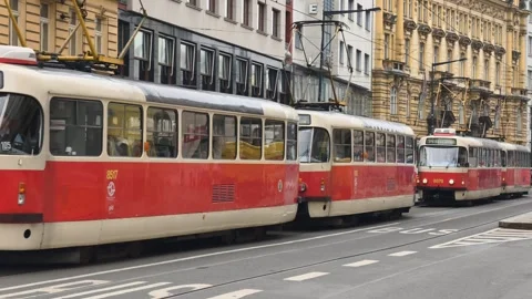 Prague, Czech Republic – March 3, 2026: Tram in Slow Motion at Intersection Stock Footage 330074009