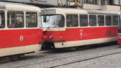 Prague, Czech Republic – March 3, 2026: Tram in Slow Motion at Intersection Stock Footage 330074357