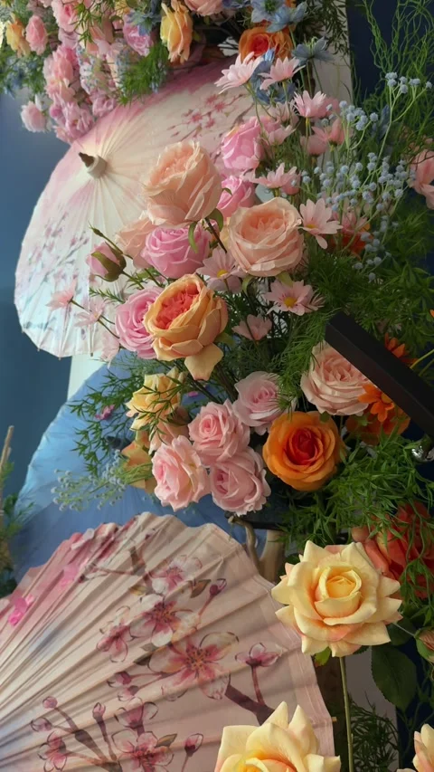 Prague, Czech Republic - May 11, 2026 - vibrant artificial rose arrangement Stock Footage 334676471