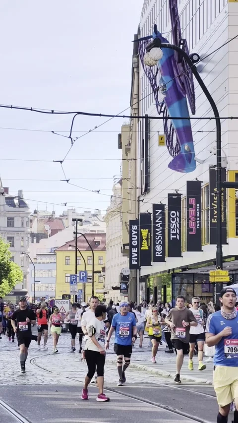 Prague, Czech Republic – May 3, 2026: Marathon Runners Vertical 4K Video Stock Footage 333974737