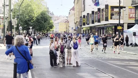 Prague, Czech Republic – May 3, 2026: Prague Marathon runners on city streets 스톡 동영상 333974892