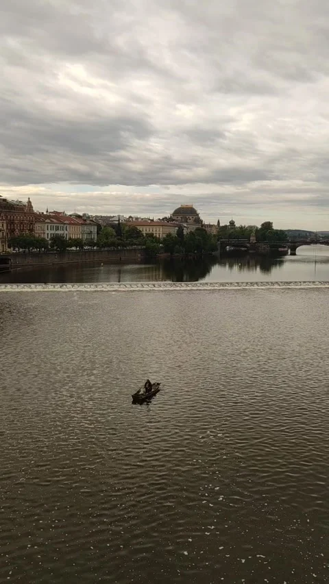 Prague, Czech republic - May 6, 2024: fisherman and Vltava River Stock Footage 274634575