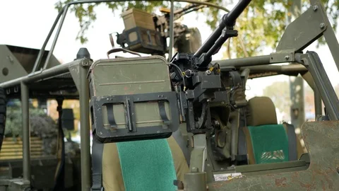 Prague, Czech Republic - OCT 18th 2018: Military jeep with a mounted machine gun Video stock 97779253