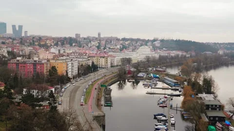 Prague, Czech Republic, panorama from a height. Boat station, Vltava River Stock Footage 264669116