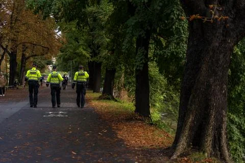 Prague, Czech Republic - September 16, 2024: Police patrol in Thomayer Gardens Stock Photos