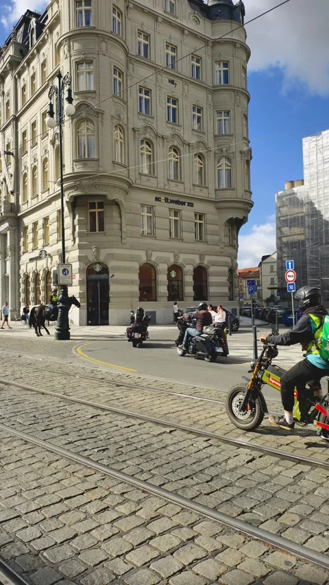 Prague, Czech Republic – September 6, 2026: Motorcycles and Cyclist on Street Stock Footage 344878288