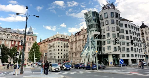 Prague Dancing House architectural building in Czech Republic Czechia Video stock 247482123