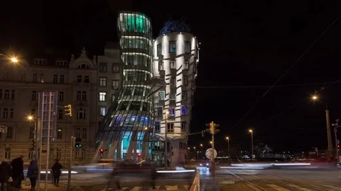 Prague Dancing House, Night, Czech Republic Stock Footage 84881894
