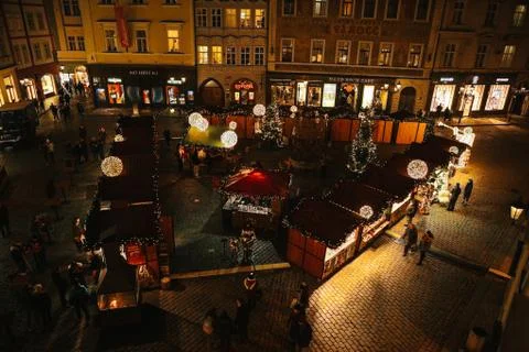 Prague, December 13, 2016: Night Christmas Decoration. Night Christmas market in Stock Photos