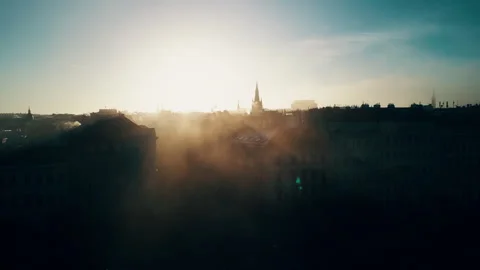 Prague drone view at sunrise with clouds over the city, Czech Republic Stock Footage 304987310