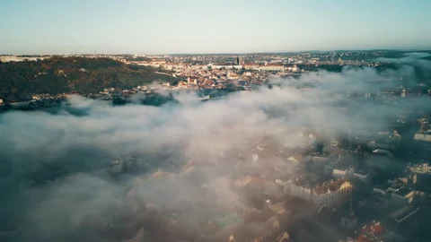 Prague drone view at sunrise with clouds over the city, Czech Republic Stock Footage 304987454