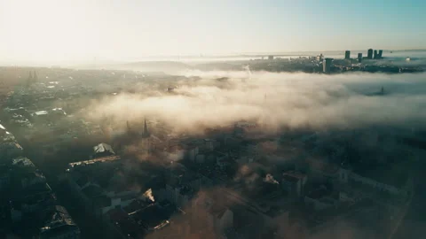 Prague drone view at sunrise with clouds over the city, Czech Republic Stock Footage 304987604