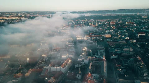 Prague drone view at sunrise with clouds over the city, Czech Republic Stock Footage 304987891
