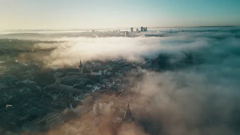 Prague drone view at sunrise with clouds over the city, Czech Republic Stock Footage 304987950