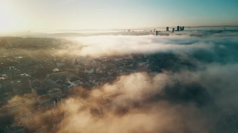 Prague drone view at sunrise with clouds over the city, Czech Republic Stock Footage 304987964
