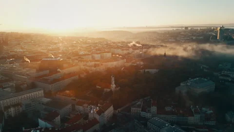 Prague drone view at sunrise with clouds over the city, Czech Republic Stock Footage 304988718