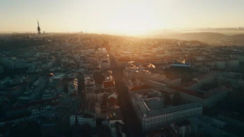 Prague drone view at sunrise with clouds over the city, Czech Republic Stock Footage 304988828
