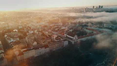 Prague drone view at sunrise with clouds over the city, Czech Republic Stock Footage 304988915