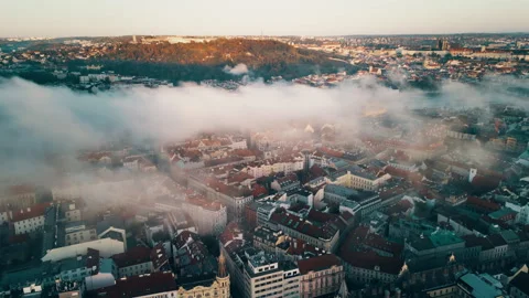 Prague drone view at sunrise, clouds over Danube River, Czech Republic Stock Footage 304988972