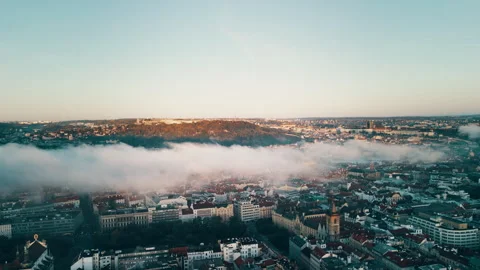 Prague drone view at sunrise, clouds over Danube River, Czech Republic Stock Footage 304989017