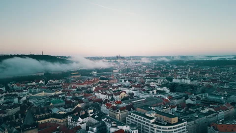 Prague drone view at sunrise with clouds over the city, Czech Republic Stock Footage 304989431