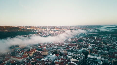Prague drone view at sunrise, clouds over Danube River, Czech Republic Stock Footage 304989439