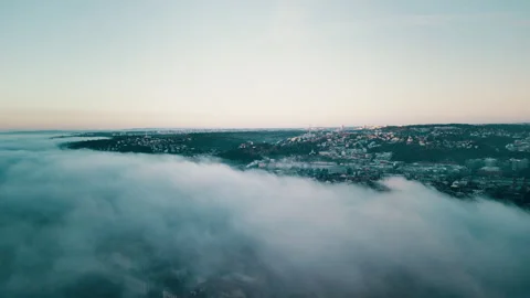 Prague drone view at sunrise with clouds over the city, Czech Republic Stock Footage 304989526