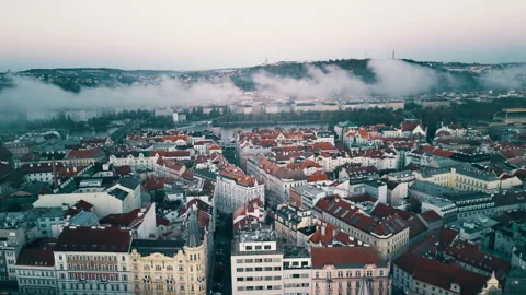 Prague drone view at sunrise with clouds over the city, Czech Republic Stock Footage 304989559