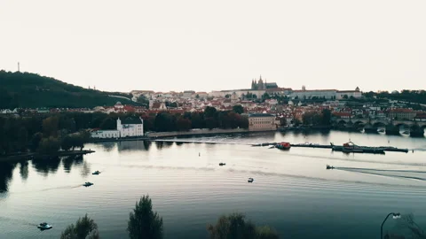 Prague drone view, sunset over Danube River, Czech Republic Stock Footage 304985586