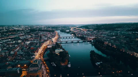 Prague drone view, sunset over Danube River, Czech Republic Stock Footage 304985666