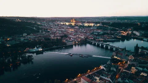 Prague drone view, sunset over Danube River, Czech Republic Stock Footage 304985989