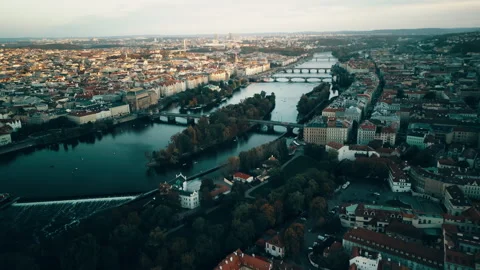 Prague drone view, sunset over Danube River, Czech Republic Stock Footage 304986125