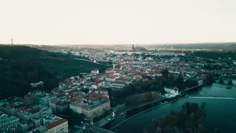 Prague drone view, sunset over Danube River, Czech Republic Stock Footage 304986987