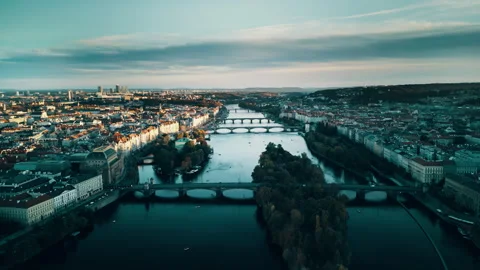 Prague drone view, sunset over Danube River, Czech Republic Stock Footage 304987029