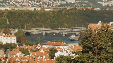 Prague- Elevated city view with boat on the river. 4K resolution Stock Footage 120032398