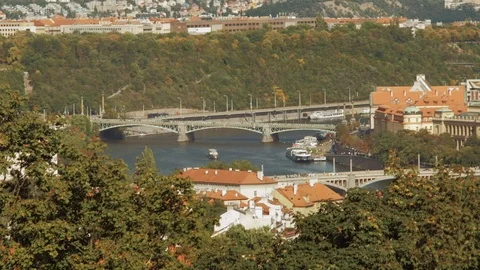 Prague - Elevated city view with boat on the river. 4K resolution Stock Footage 120032602