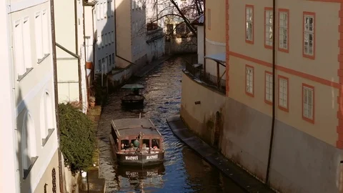 Prague - Elevated view of boats on canal in Old Town. Stock Footage 103410009