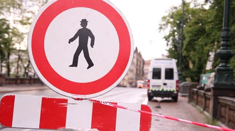 Prague Floods 2013 Sidewalk closed sign Stock Footage 30292708